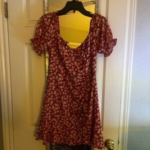 Floral Red Dress with Puff Sleeves